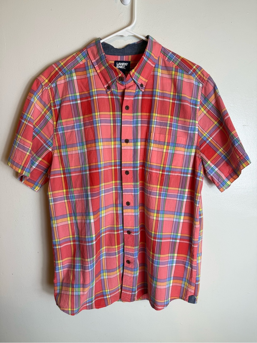 Lands End Mens Large Traditional Fit Short Sleeve Plaid Button Down Shirt Red L